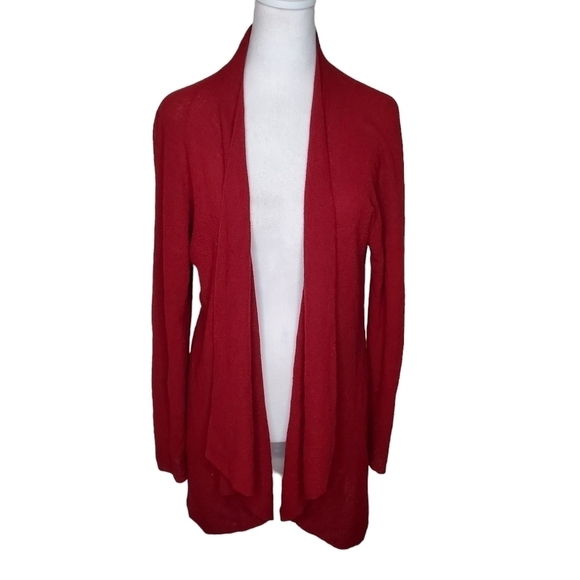 Eileen Fisher Red Wool Cardigan Sweater, Open Front, Cascade Collar Sz LG - Picture 1 of 9